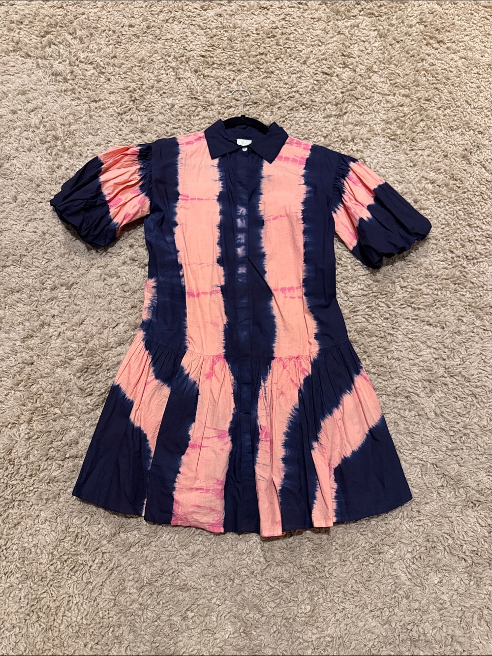 Wknd Frock It Bolder Tie Dye Shirt Dress S Navy Pink Puff Sleeve Drop Waist Mini